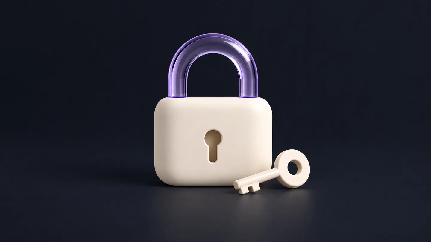 An ivory padlock with a lavender glass shackle and a matching key.