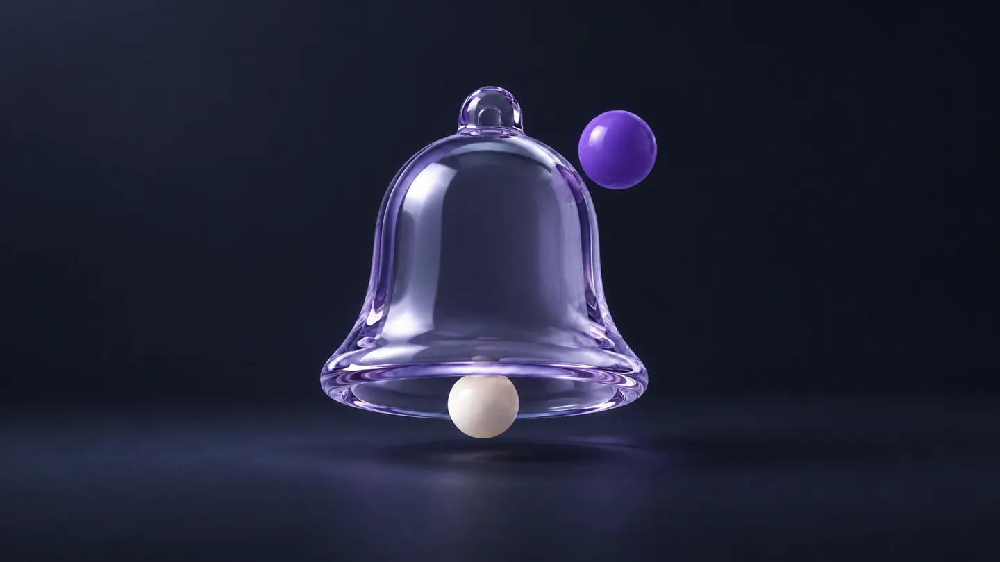 A lavender glass notification bell with an ivory clapper and a violet notification dot.