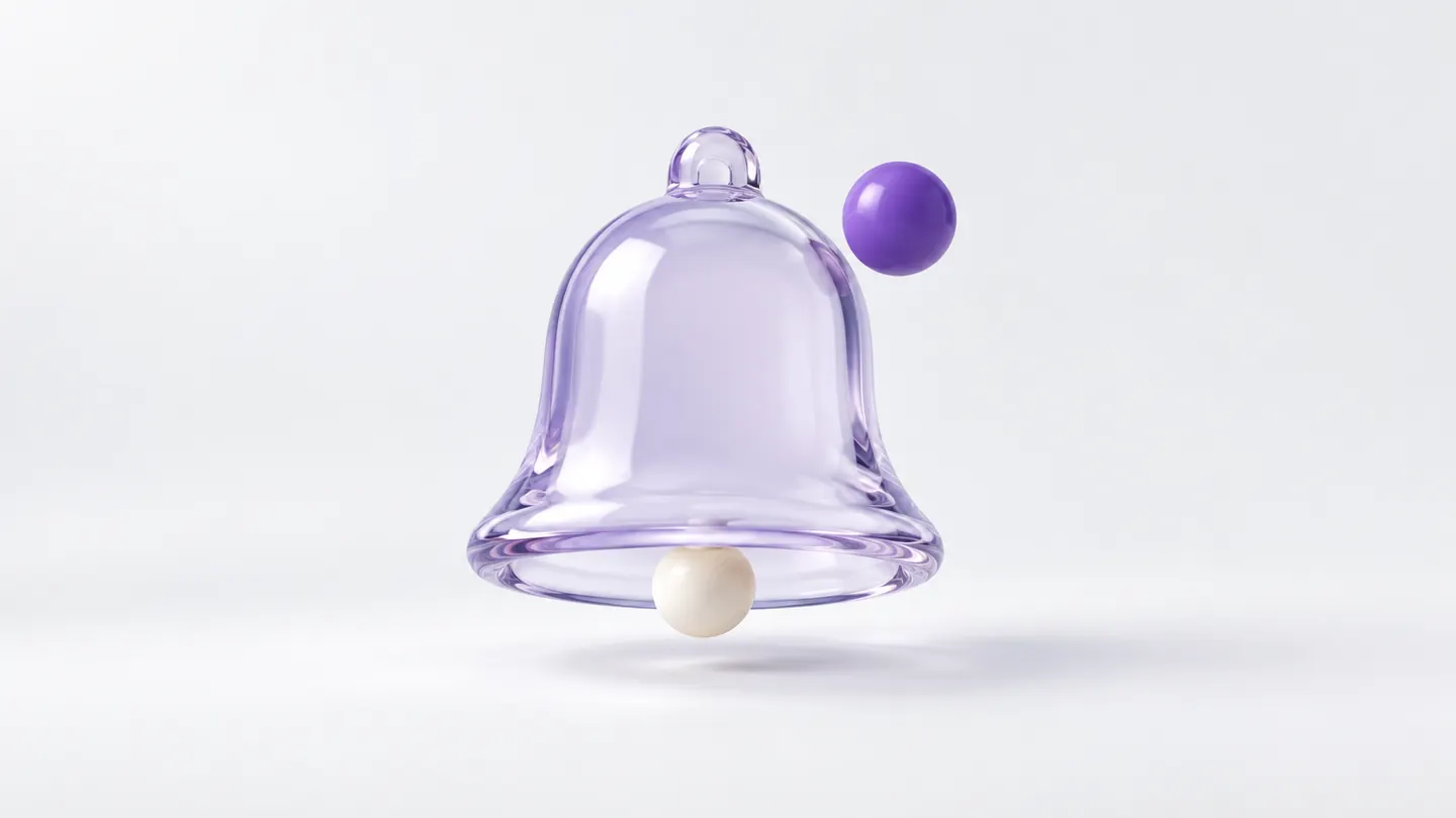 A lavender glass notification bell with an ivory clapper and a violet notification dot.